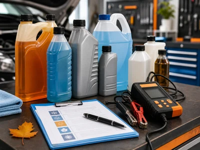 Flüssigkeiten und Batterietester auf Werkbank